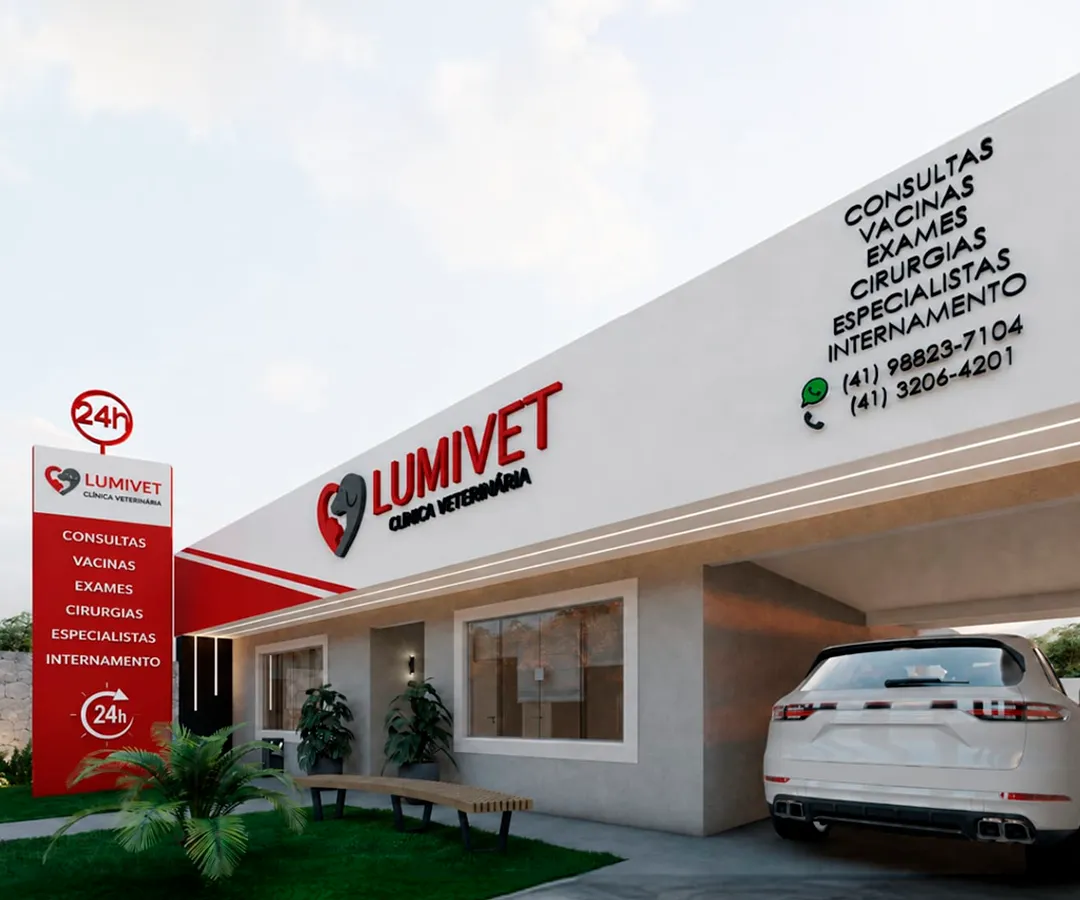 Fachada da Lumivet Clínica Veterinária 24 horas no Portão, Curitiba, com estacionamento próprio
